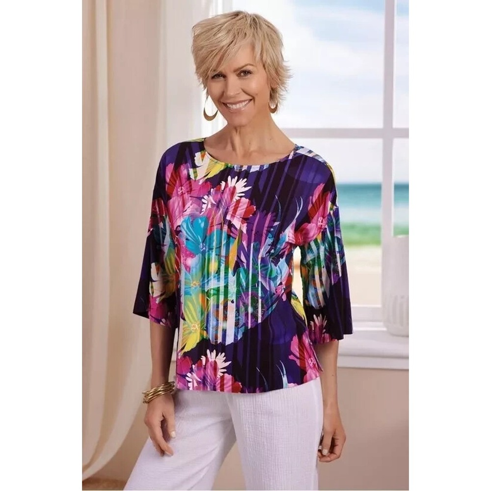 Soft Surroundings Womens Mignon‎ Top Size L Floral 3/4 Sleeve Lightweight Resort